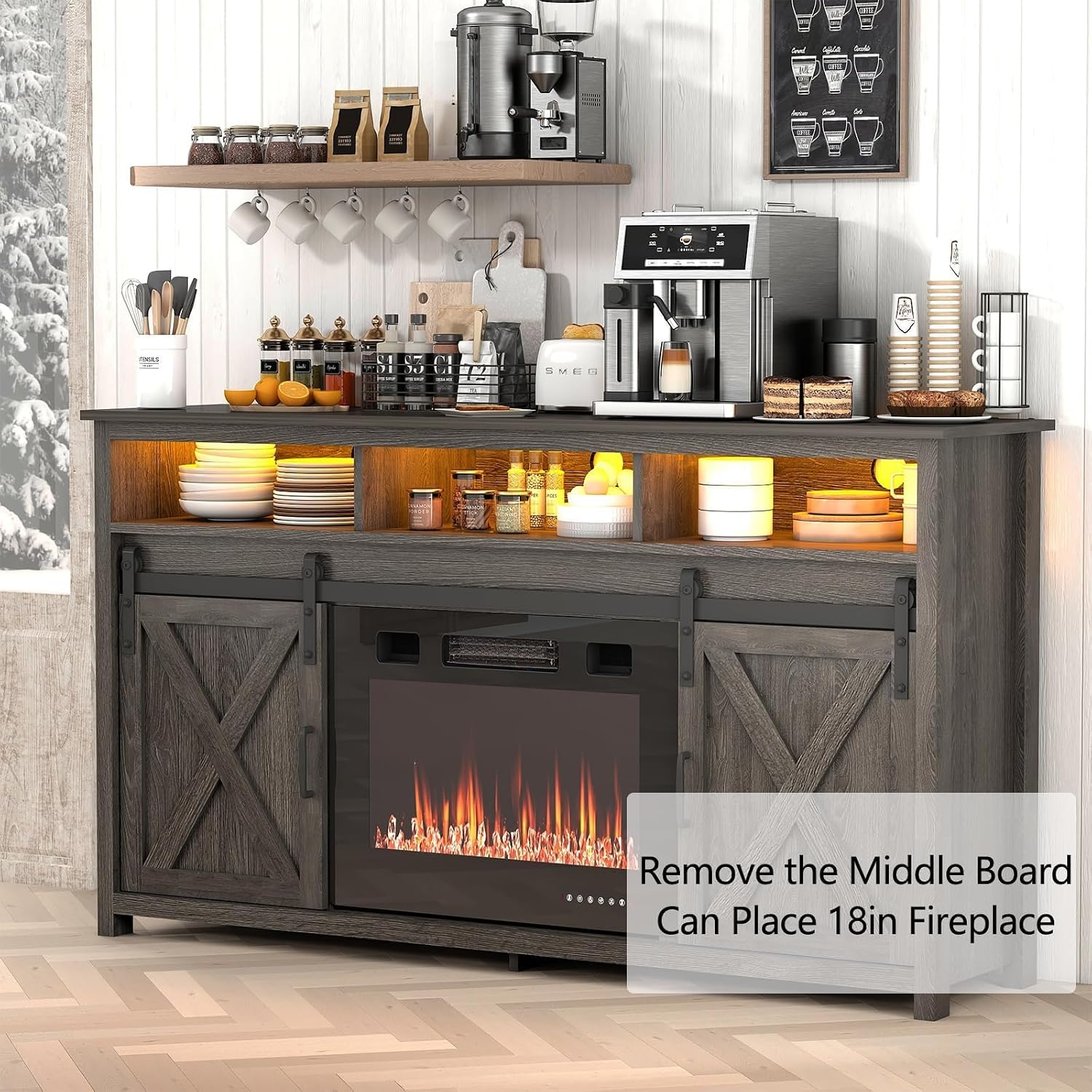 57' LED Farmhouse TV Stand for 65/60/55 Inch TVs,Tall Entertainment Center Storage Cabinets w/Power Outlets and Sliding Barn Door,Rustic TV Stands for Living Room,Media Console Cabinet (Charcoal)