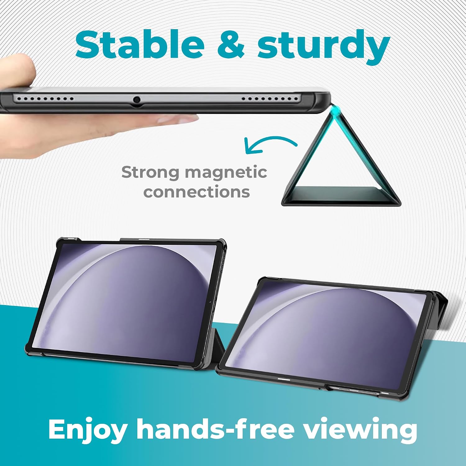 Samsung 2024 Galaxy Tab A9+ 11' 64GB | Android 13 WiFi Touchscreen International | Big Screen, Quad Speakers, Slim | Tablet Bundle - Hard Back Trifold Stand Case + 64GB SD Card (Grey) | MdTec