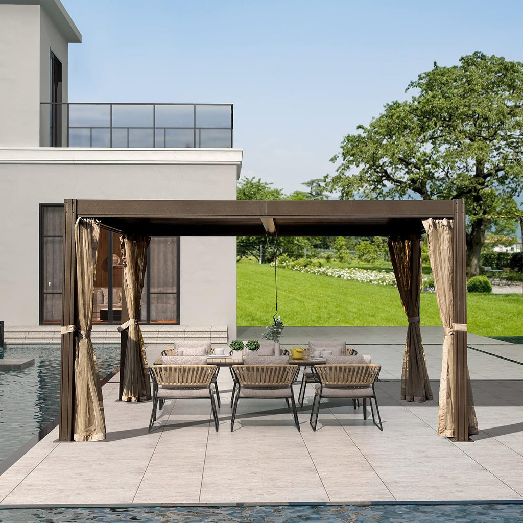 Domi Outdoor Living 10' x 13' Louvered Pergola with Adjustable Rainproof Roof, Outdoor Aluminum Frame Hardtop Gazebo for Backyard, Garden and Lawn w/Netting (Dark Brown)