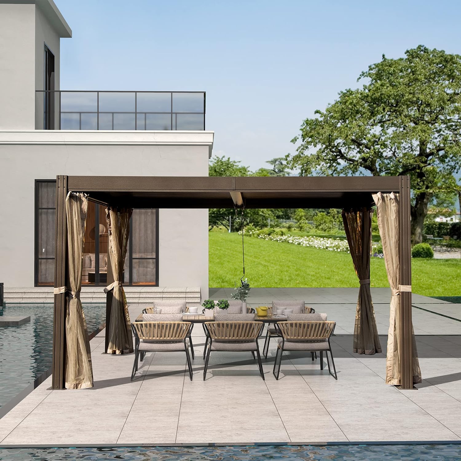 Domi Outdoor Living 10' x 13' Louvered Pergola with Adjustable Rainproof Roof, Outdoor Aluminum Frame Hardtop Gazebo for Backyard, Garden and Lawn w/Netting (Dark Brown)