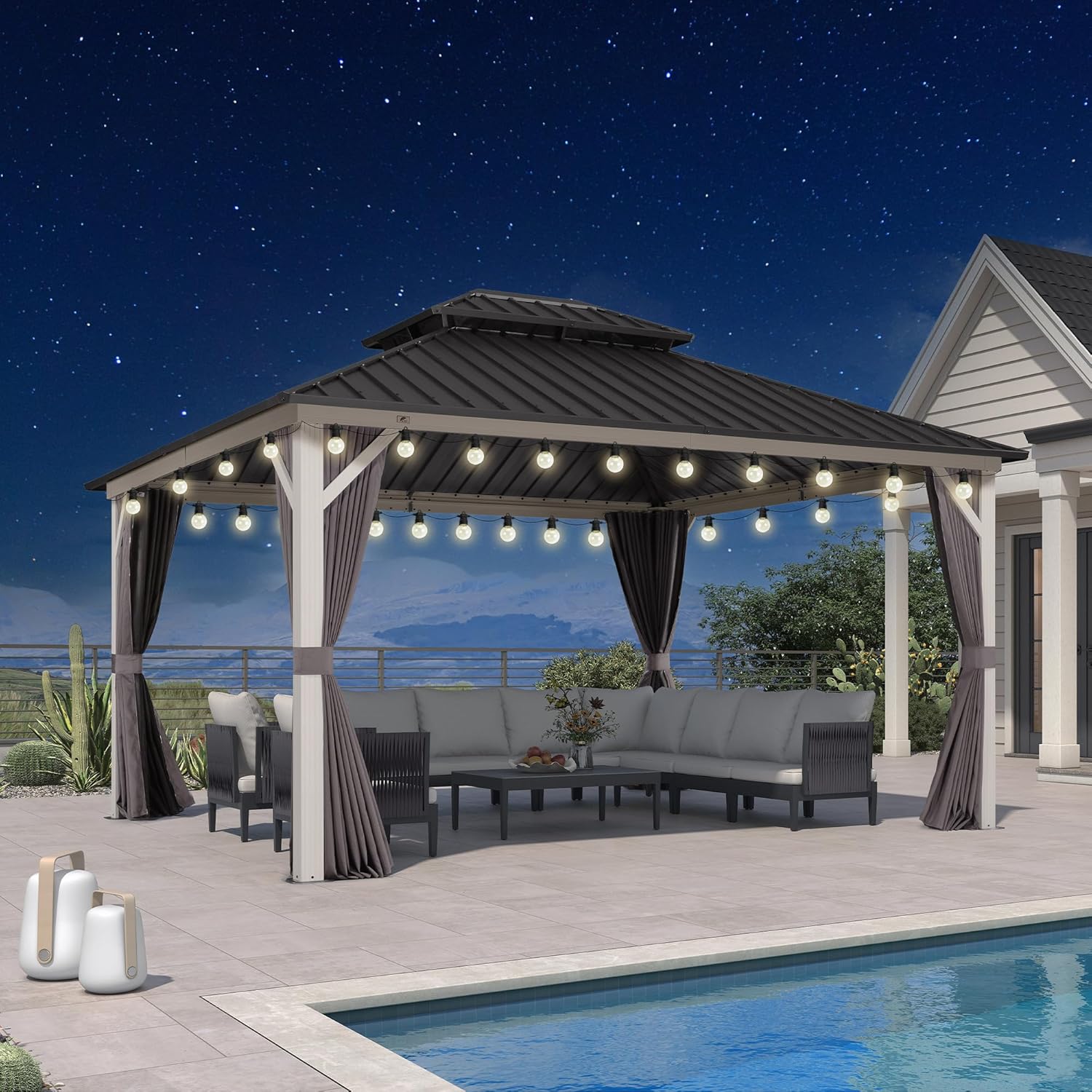 PURPLE LEAF 12' X 14' Outdoor Gazebo Galvanized Steel Double Roof White Aluminum Frame Hardtop Heavy Duty Gazebo with Curtain and Netting for Patio Garden and Backyard, Grey
