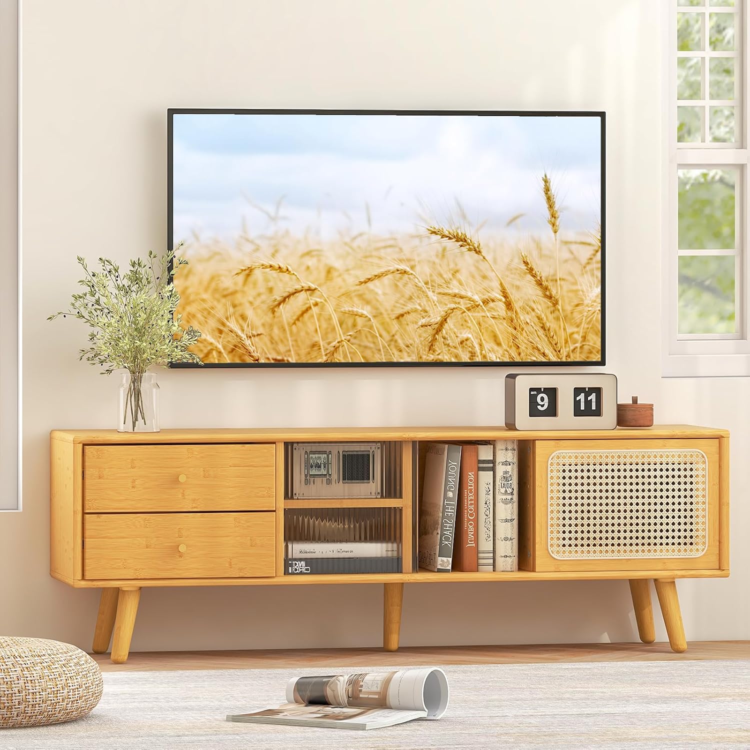 Tangkula Mid Century Modern TV Stand for TVs up to 65', Bamboo Entertainment Center w/Glass & PE Rattan Sliding Doors, 2 Drawers, Adjustable Shelf, Wood Legs, Media Console for Living Room