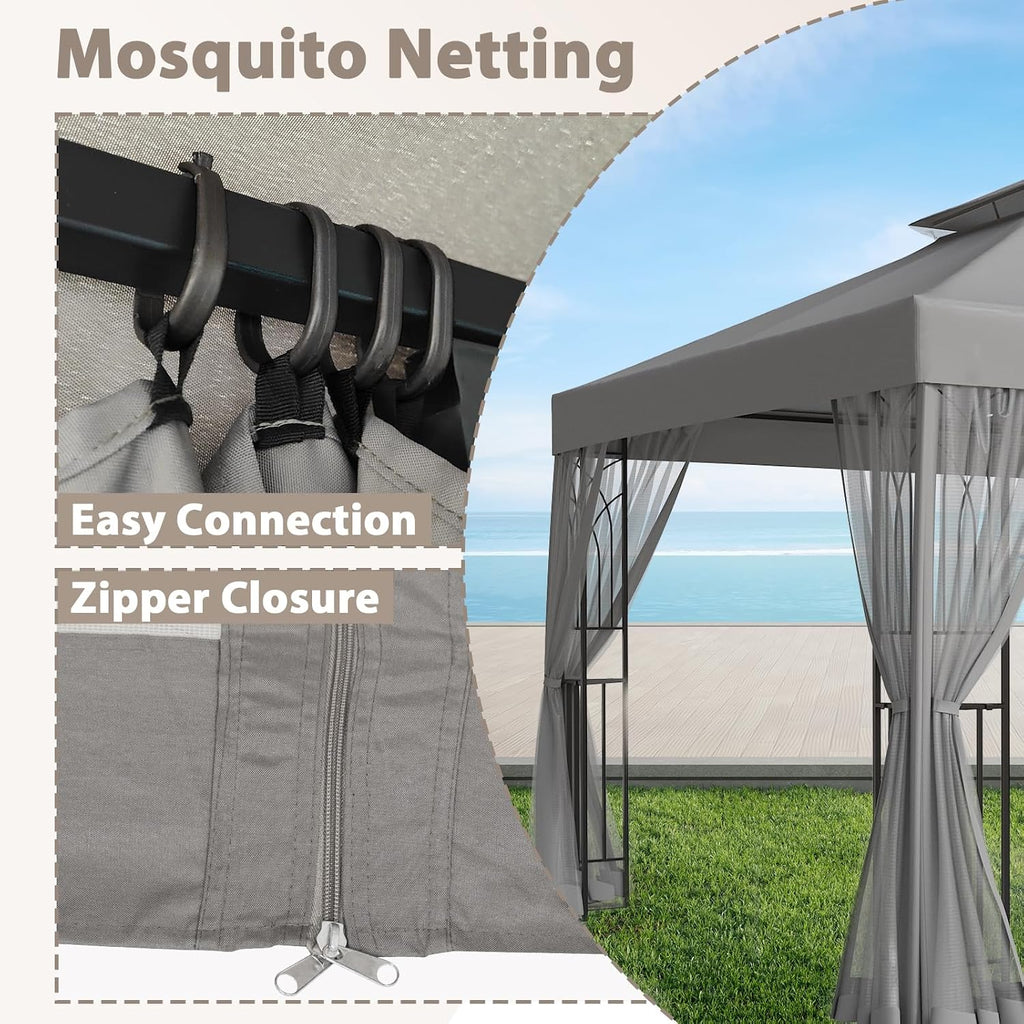 EAGLE PEAK 10x10 Patio Gazebo with Mesh Netting, Double Roof Outdoor Pavilion with Corner Shelves for Lawn, Deck, Garden and Backyard, Gray