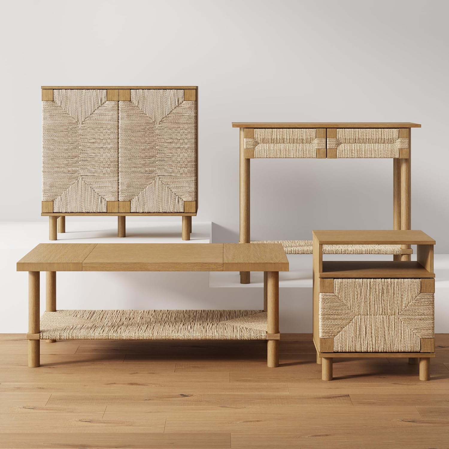 Nathan James Beacon Wooden Sofa Console Table with Drawers, Bohemian Entryway Table, Hallway Table with Seagrass Shelf, Light Brown, Set of 3