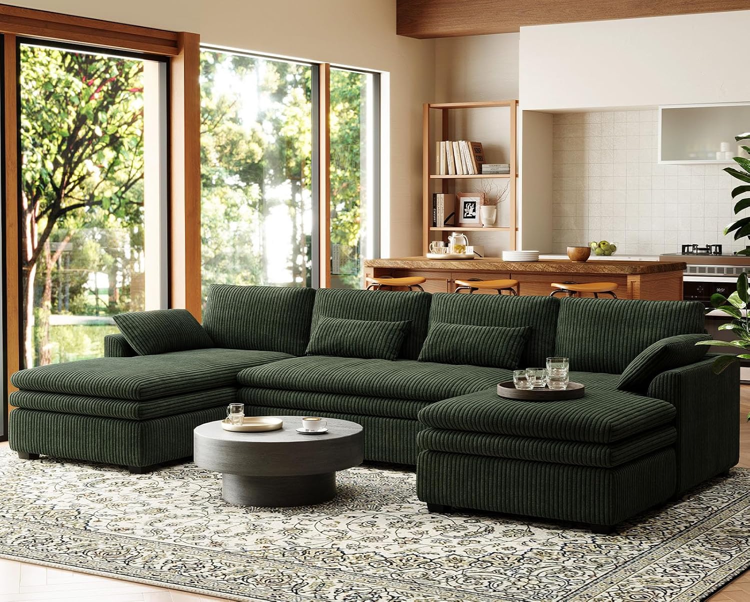Belffin Large Modular Sectional Sofa with Double Deep Chaise, 135' Corduroy U Shaped Sectional Couch with 9' Soft Dual-Layer 6 Seats U Shaped Couch for Living Room, Apartment, Green