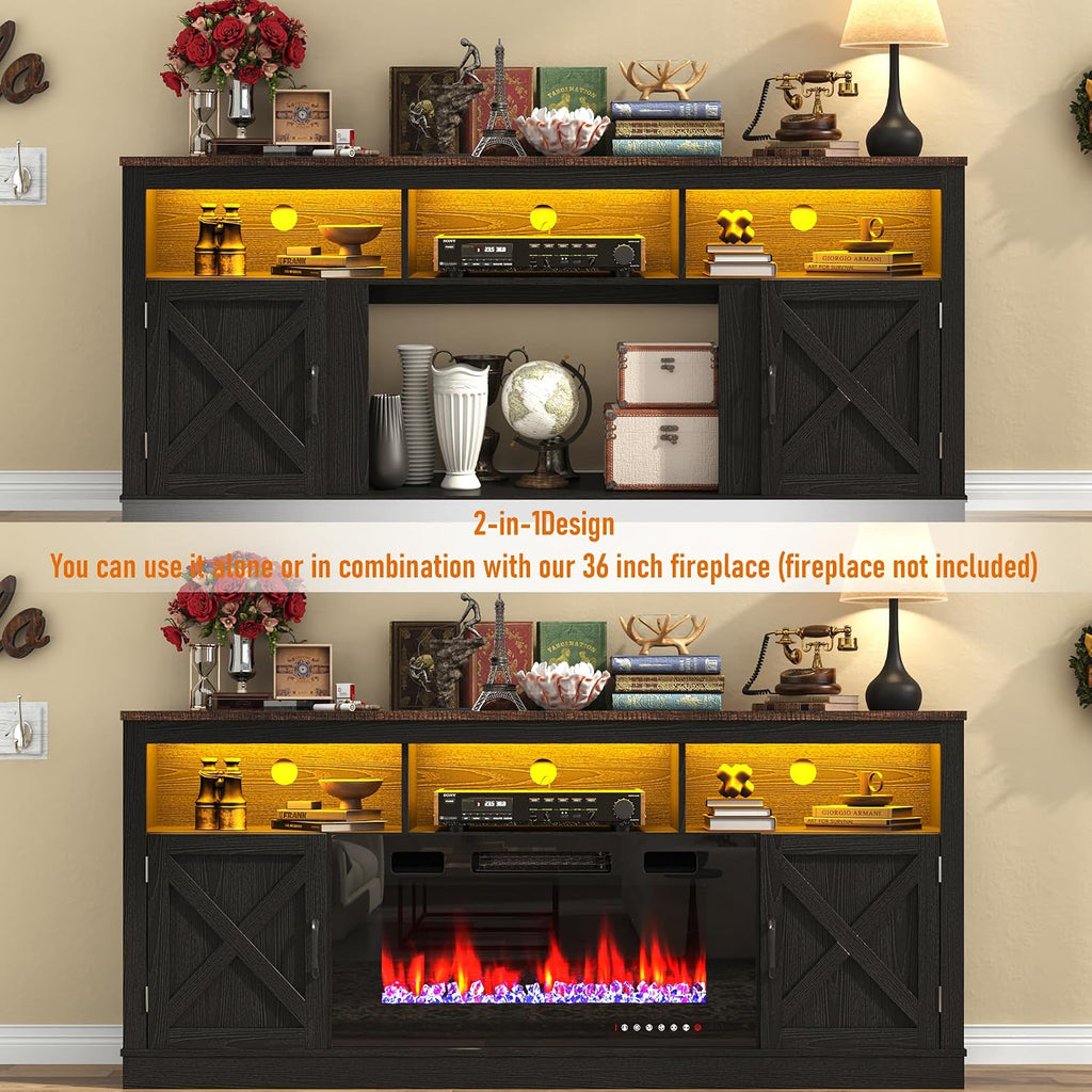 jiteentarou Farmhouse TV Stand for 70/75/80 Inch TV, 32'Tall Entertainment Center w/LED Light, Large Media Console Cabinet w/Barn Doors & Adjustable Shelves for Living Room, Black