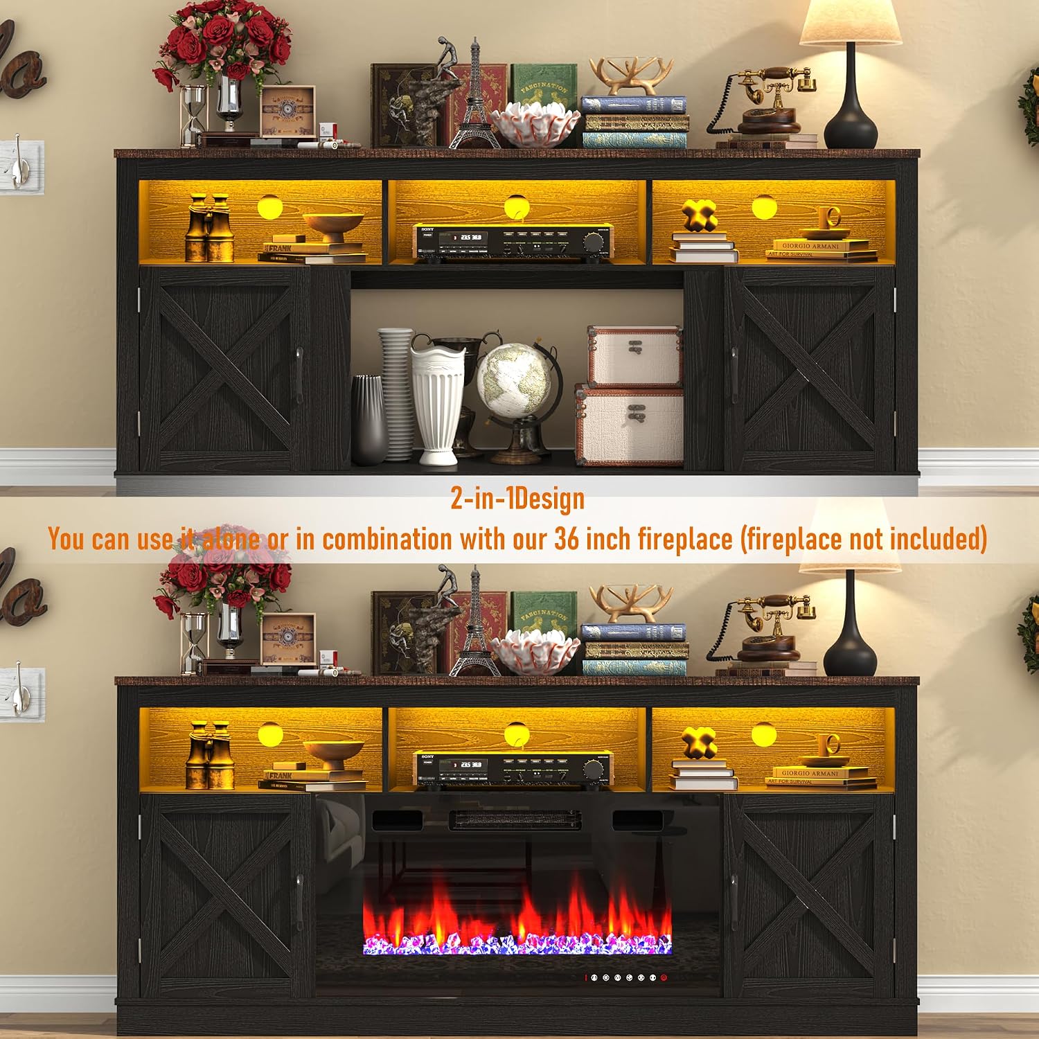 jiteentarou Farmhouse TV Stand for 70/75/80 Inch TV, 32'Tall Entertainment Center w/LED Light, Large Media Console Cabinet w/Barn Doors & Adjustable Shelves for Living Room, Black