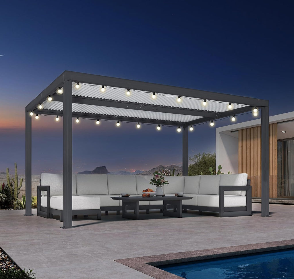 PURPLE LEAF Louvered Pergola 10' x 14' Outdoor Aluminum Pergola with Hidden Drainage System and Adjustable Sun Shade Roof Patio Hardtop Small Pergolas with Lights for Patio Dining Side Yard
