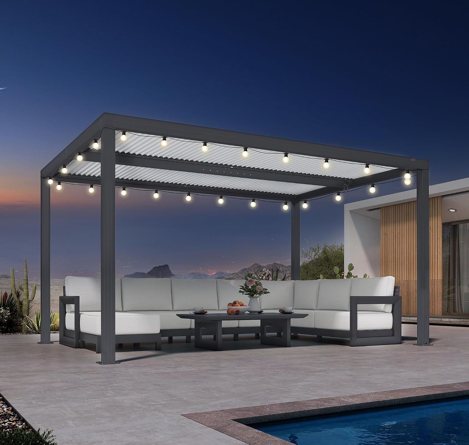 PURPLE LEAF Louvered Pergola 10' x 14' Outdoor Aluminum Pergola with Hidden Drainage System and Adjustable Sun Shade Roof Patio Hardtop Small Pergolas with Lights for Patio Dining Side Yard