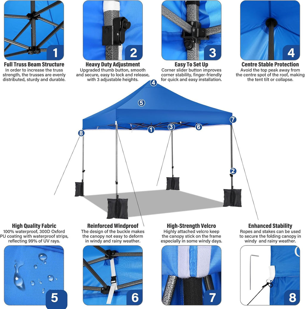 COBIZI 10x10 Heavy Duty Pop Up Canopy Tent with 4 Sidewalls Thicken Frame, Commercial Easy Up Outdoor Wedding Party Tents, All Season Waterproof Windproof with Stakes Sandbags Ropes Roller Bag, Uranus