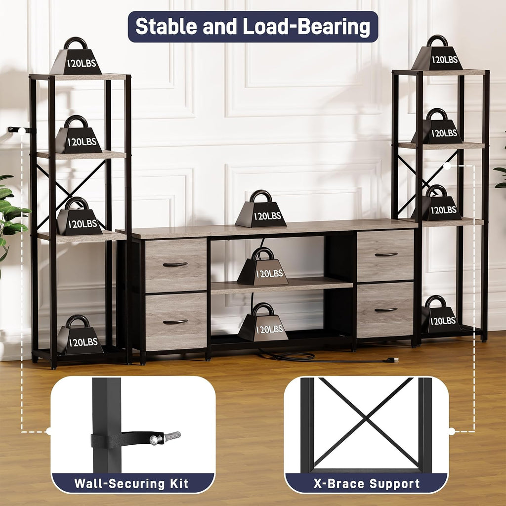Yenlure LED TV Stand Bookshelf Combo with Charging Station for 65 60 55 Inch TV, Entertainment Center with Lights & Drawers, Industrial Media TV Console Table for Living Room Bedroom Office, Greige