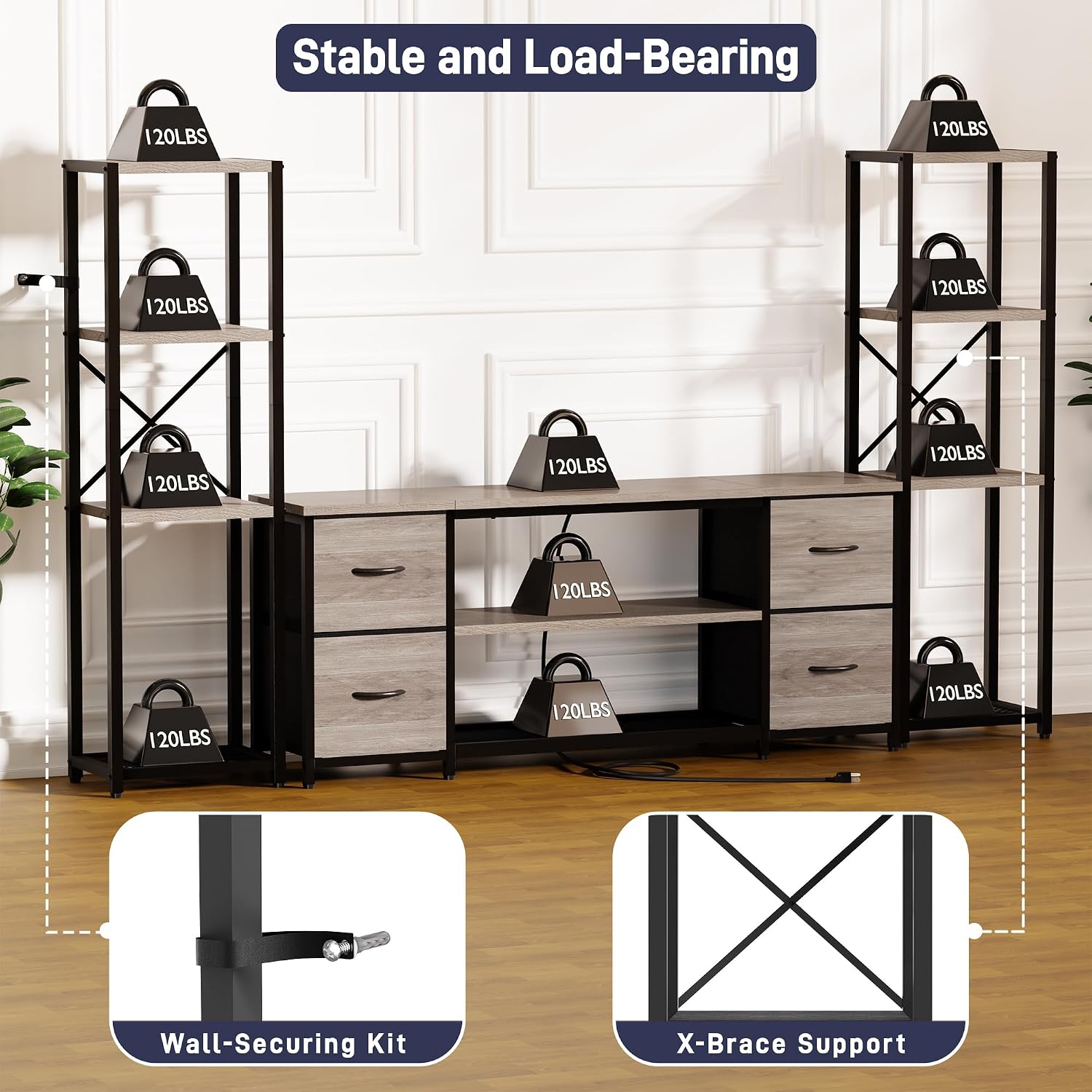 Yenlure LED TV Stand Bookshelf Combo with Charging Station for 65 60 55 Inch TV, Entertainment Center with Lights & Drawers, Industrial Media TV Console Table for Living Room Bedroom Office, Greige