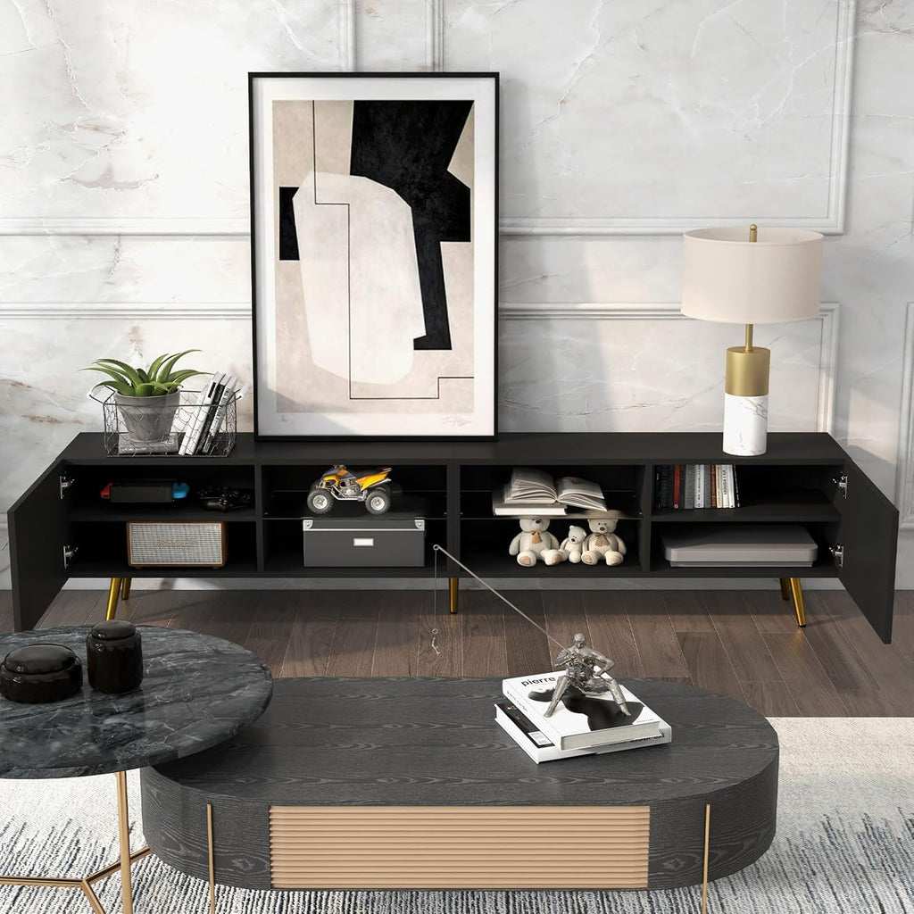 Bonzy Home 86' TV Stand, Modern Entertainment Center for 75' TV, Television Console Table with Storage Cabinets for Living Room, Black