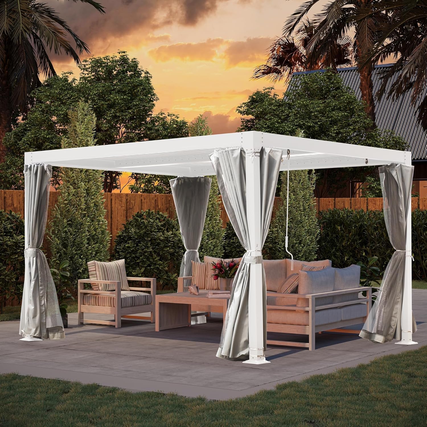 10' × 10' Louvered Pergola, Outdoor Aluminium Canopy with Adjustable Roof Curtains and Netting for Patio, Deck, Garden, Yard, Beach. (White)