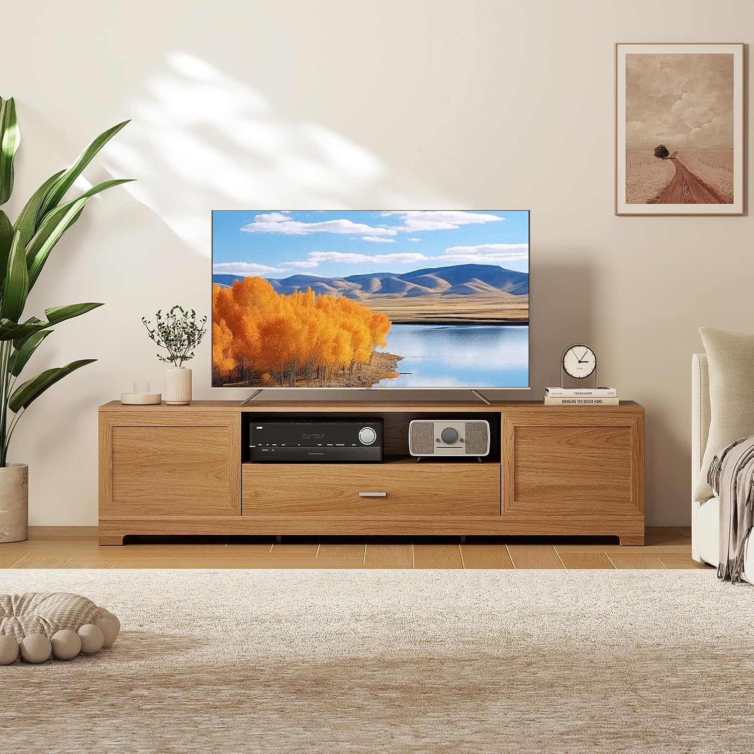 Giantex TV Stand for 60-80 Inch TV, Farmhouse Modern Entertainment Center with Storage Cabinets, Drawer & Cable Hole, Wooden Media TV Console Table for Living Room, Bedroom