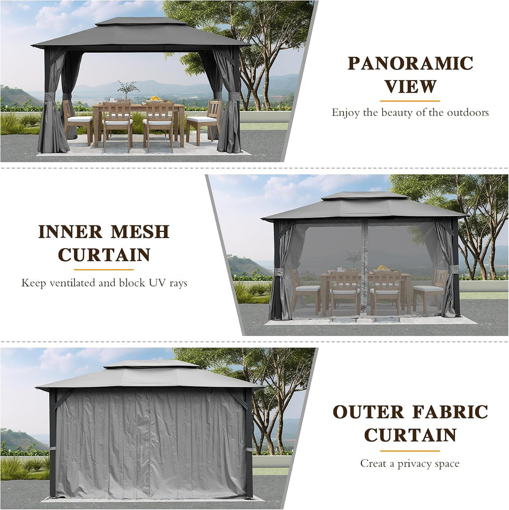 Domi 10'x13' Outdoor Gazebo for Patio, Soft Top Metal Gazebos with Double Roofs, Heavy Duty Party Tent with Mosquito Netting and Privacy Curtains for Backyard Garden Lawn Deck (Grey)