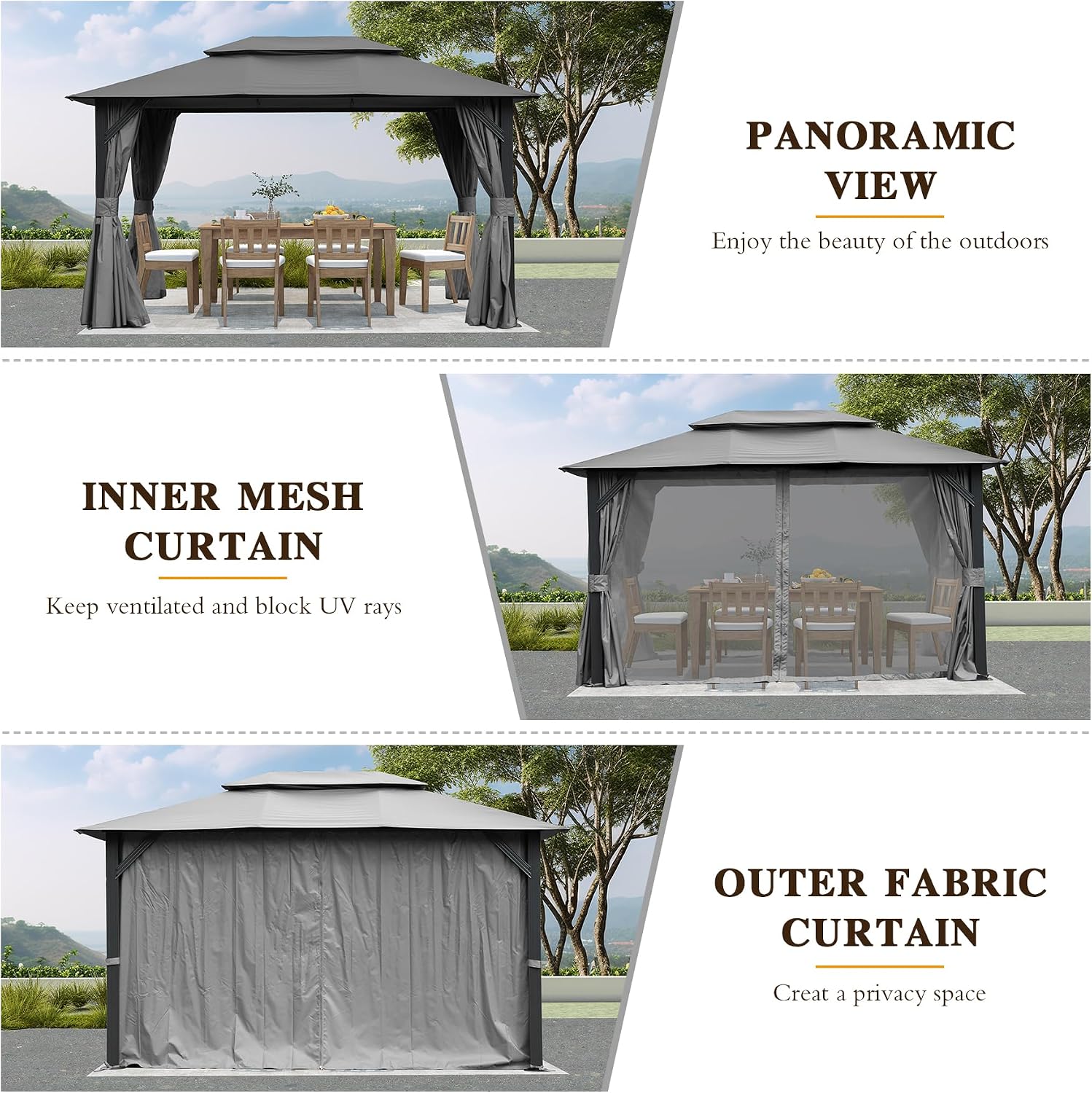 Domi 10'x13' Outdoor Gazebo for Patio, Soft Top Metal Gazebos with Double Roofs, Heavy Duty Party Tent with Mosquito Netting and Privacy Curtains for Backyard Garden Lawn Deck (Grey)