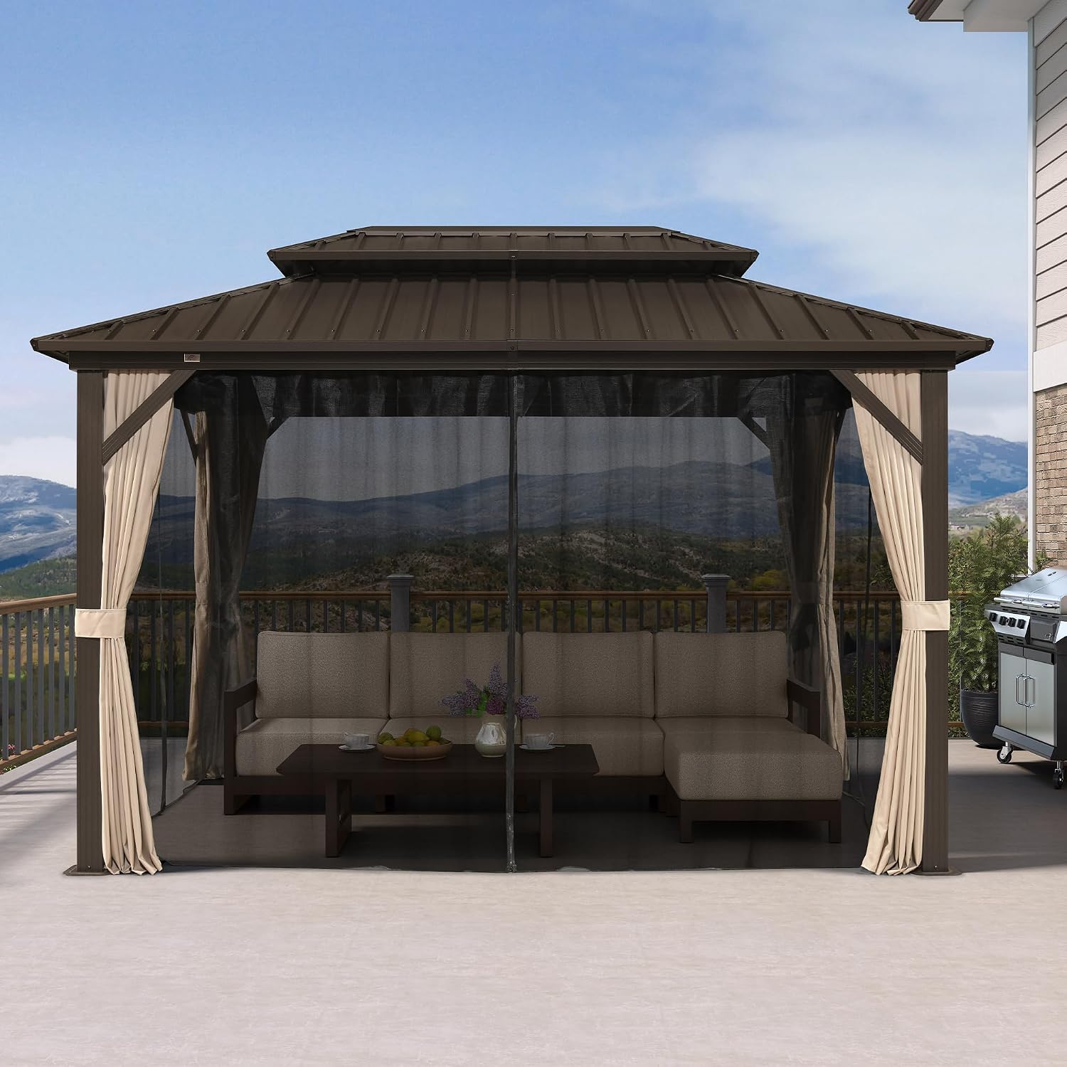PURPLE LEAF 8' X 12' Hardtop Gazebo Outdoor Gazebos Metal Frame Galvanized Steel Double Roof with Curtains and Nettings for Patio Desk Backyard Bronze