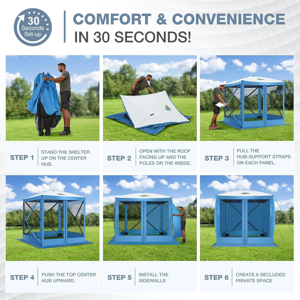 COBIZI 6x6FT Pop Up Gazebo Screen Tent Screen House for Camping, Screen Room with Sidewalls and Mosquito Netting, Hub Tent Instant Screened Canopy with Carrying Bag and Ground Stakes, Blue