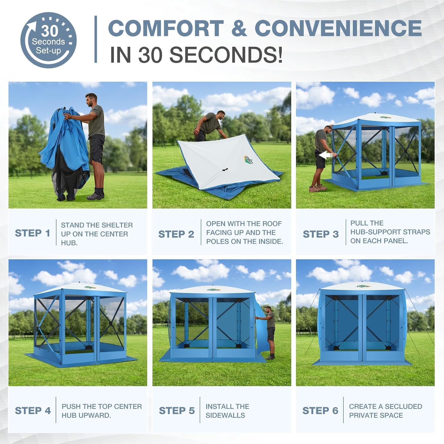 COBIZI 6x6FT Pop Up Gazebo Screen Tent Screen House for Camping, Screen Room with Sidewalls and Mosquito Netting, Hub Tent Instant Screened Canopy with Carrying Bag and Ground Stakes, Blue