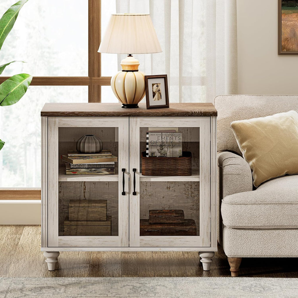 WAMPAT Farmhouse TV Stand for TVs Up to 75 inch, Glass Wooden Universal TV Stand with 2 Storage Cabinets, Entertainment Center, Console Table for Living Room, Bedroom, Rustic White