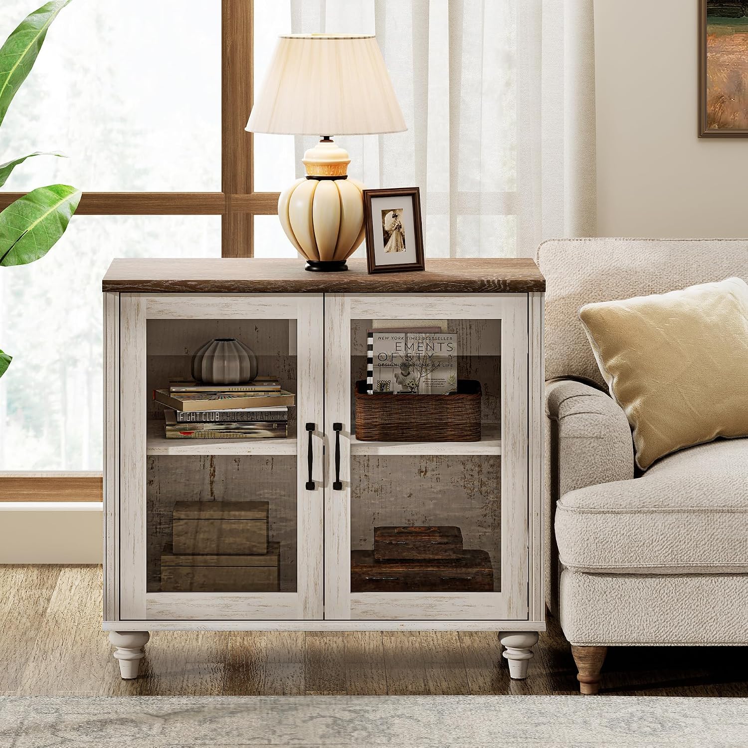 WAMPAT Farmhouse TV Stand for TVs Up to 75 inch, Glass Wooden Universal TV Stand with 2 Storage Cabinets, Entertainment Center, Console Table for Living Room, Bedroom, Rustic White