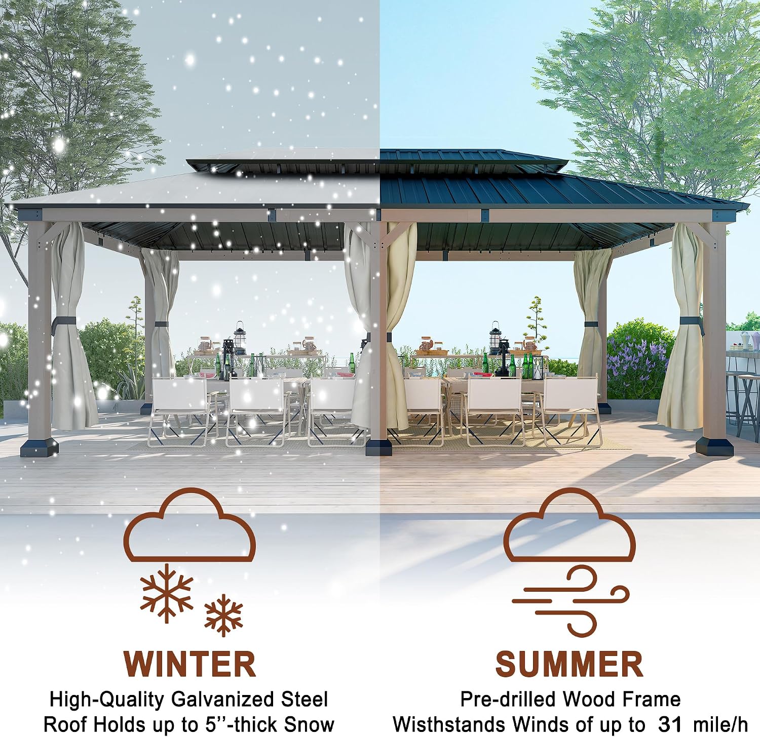 Cedar Wood Gazebo 12x20Ft Hardtop Gazebo with Curtains & Netting, Outdoor Permanent Gazebo Pergola with Galvanized Steel Double Roof Pavilion for Patio Lawn Garden
