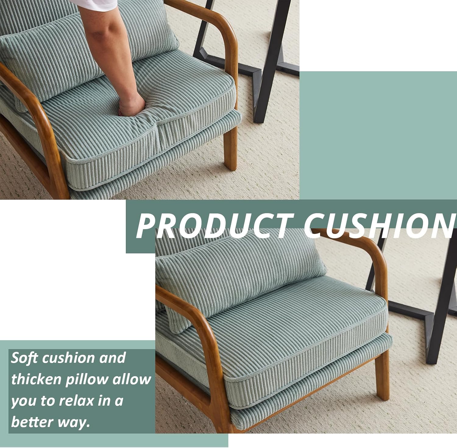 Karl home Mid-Century Modern Accent Chair, Living Room Chairs with Pillow Corduroy Upholstered Lounge Armchair with Solid Wood Frame & Soft Cushion for Bedroom, Reading Room, Teal
