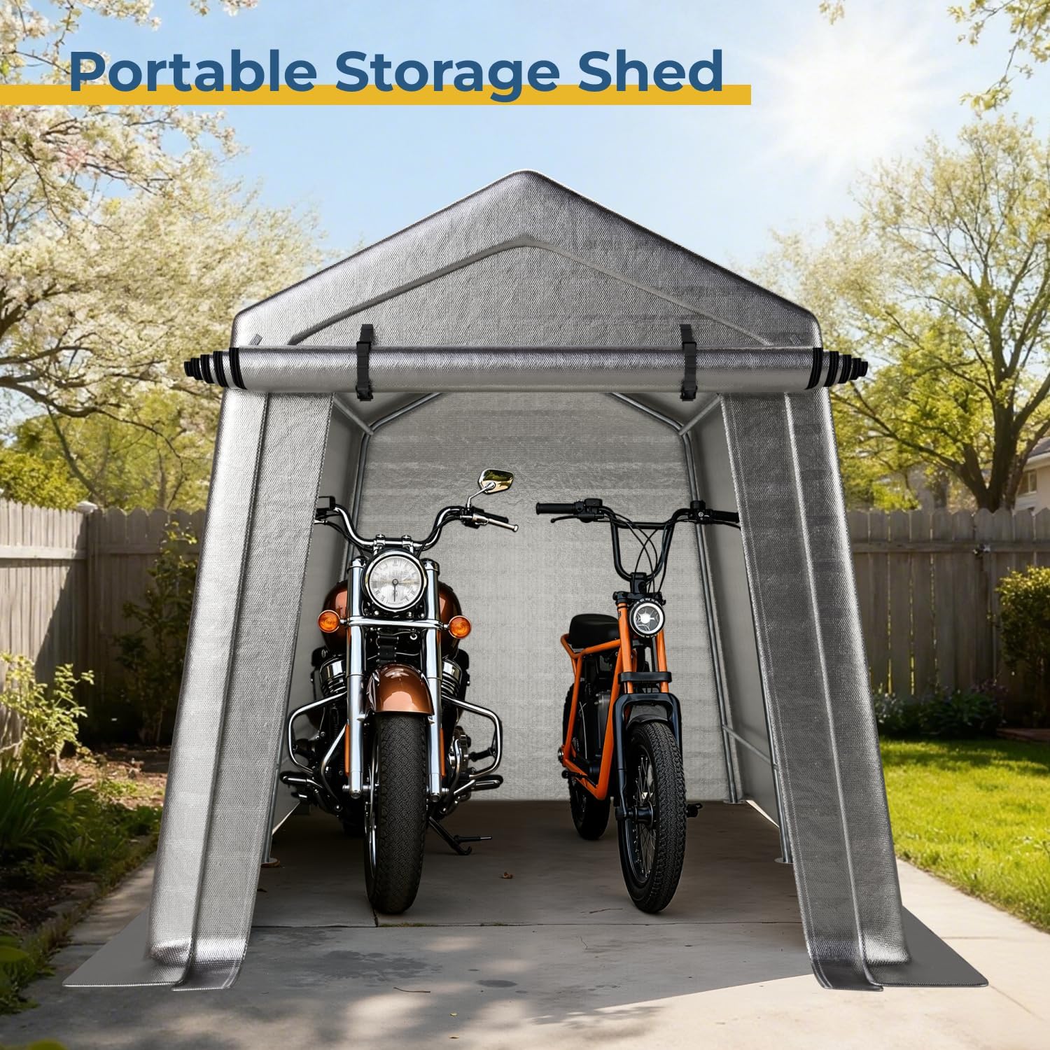 LINKHOO 7 x 12 FT Carport, Portable Shed w/220G Heavy Duty Waterproof PE Tarp, Roll-up Zipper Door & Vent, Weather-Resistant Storage Shed for Motorcycle, Bike and Tools, Gray