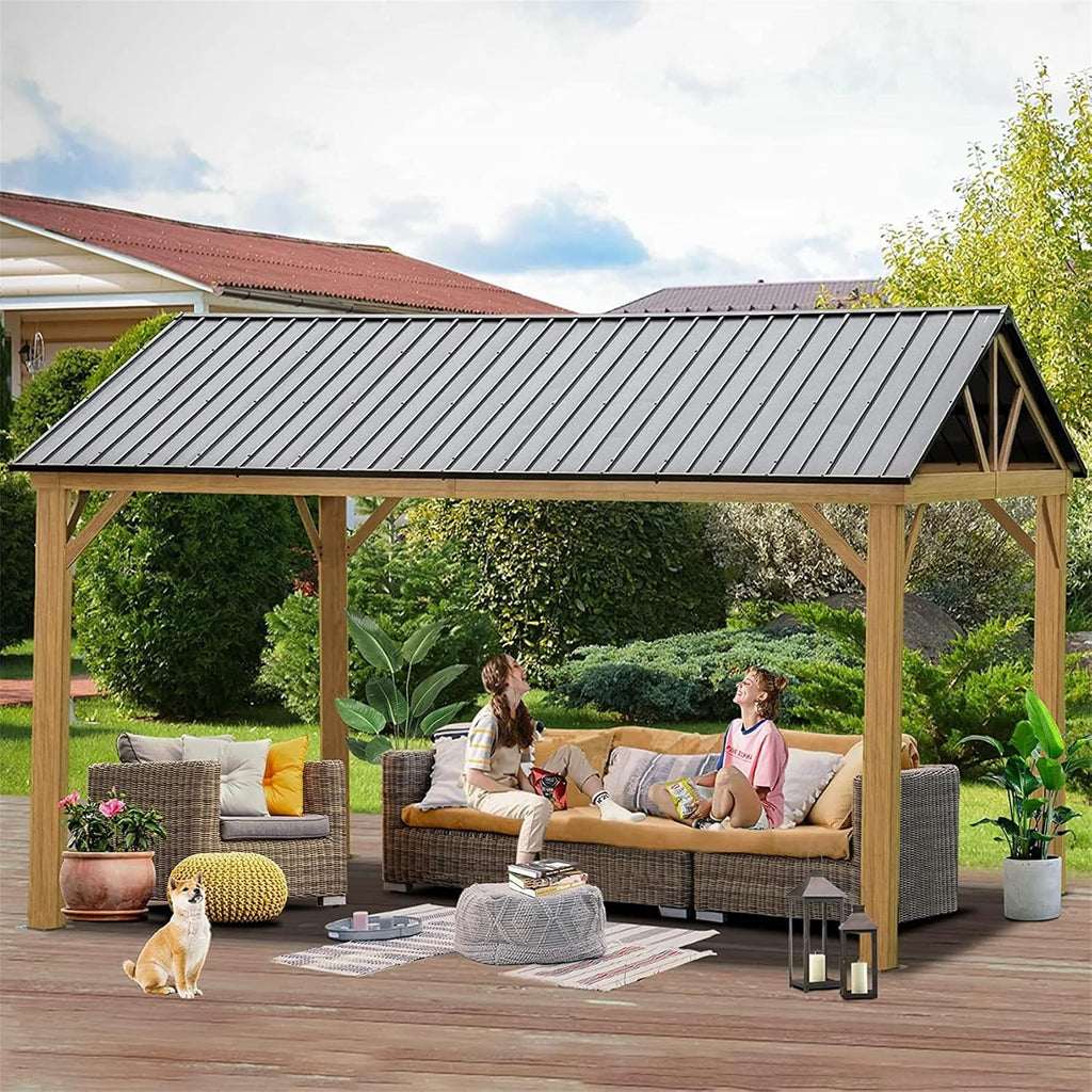 12'x14' Hardtop Gazebo, Outdoor Wooden Coated Aluminum Frame Hard Top Gazebo with Galvanized Steel Double Roof, Permanent Metal Roof Gazebo Pavilion for Deck, Patio and Garden (Yellow-Brown)