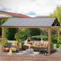 12'x14' Hardtop Gazebo, Outdoor Wooden Coated Aluminum Frame Hard Top Gazebo with Galvanized Steel Double Roof, Permanent Metal Roof Gazebo Pavilion for Deck, Patio and Garden (Yellow-Brown)