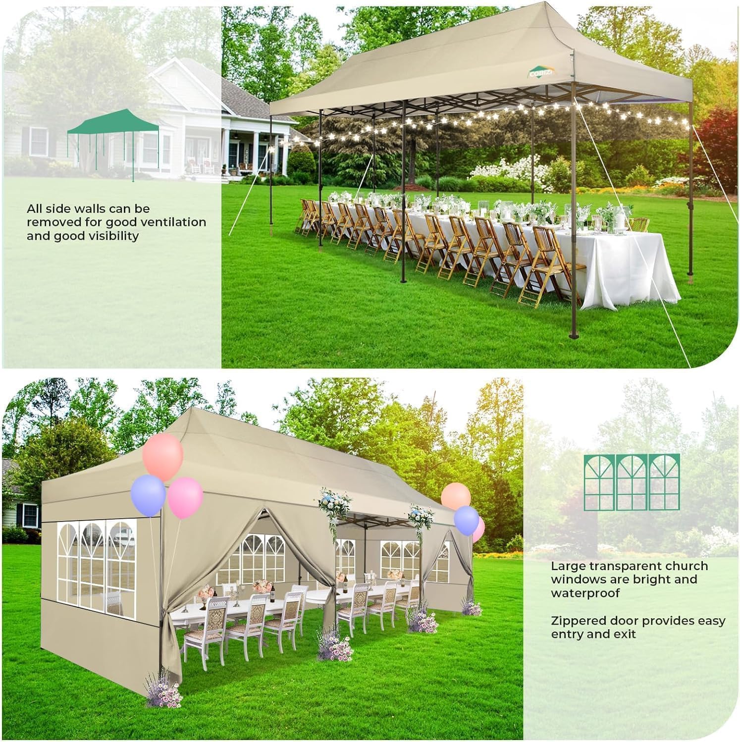 COBIZI 10x30 Heavy Duty Party Tent, Commercial 10x30 pop up Canopy for Parties Waterproof Gazebos with 8 Sidewalls, All Season Wind & Waterproof UPF50+,Stable Thickened Frame, Khaki