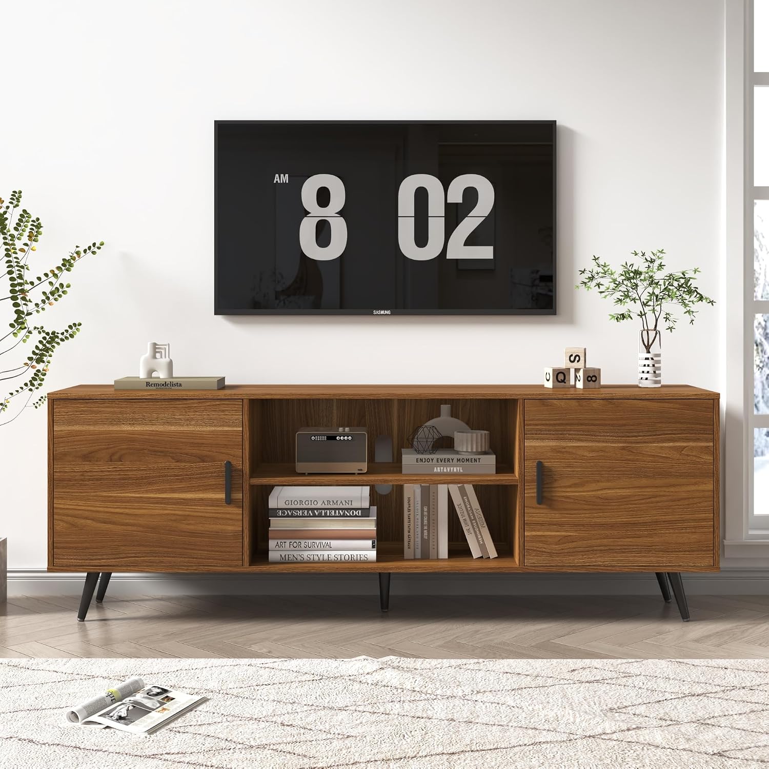 70 Inch Mid Century Modern TV Stand for 75 Inch TV, Wood TV Stand with Storage, Entertainment Center for Living Room Bedroom, TV Media Console, Walnut