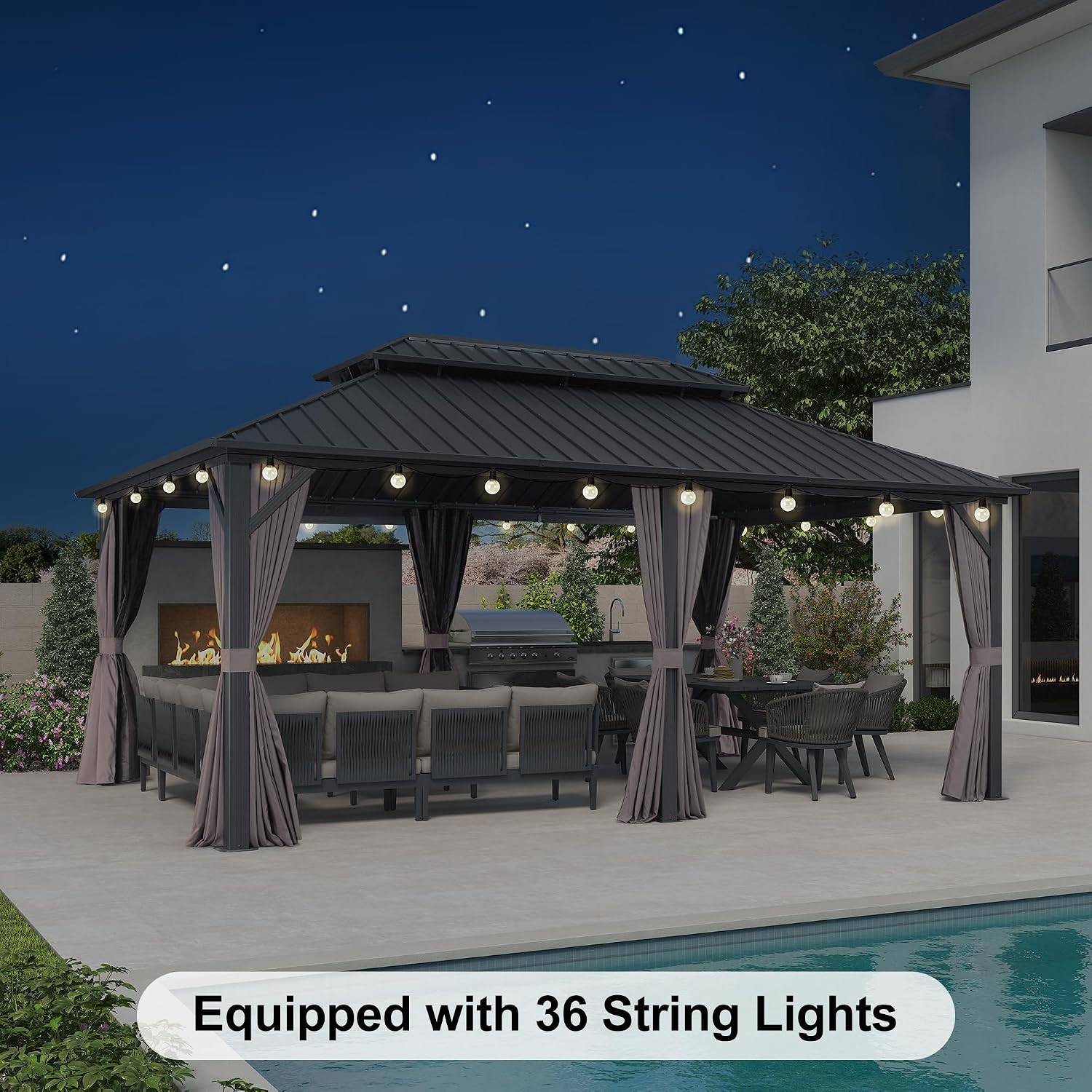 PURPLE LEAF 12'x18' Hardtop Gazebo with Lights Patio Outdoor Pavilion with Galvanized Steel Double Roof Includes Netting and Curtains for Garden Lawn Backyard Grey