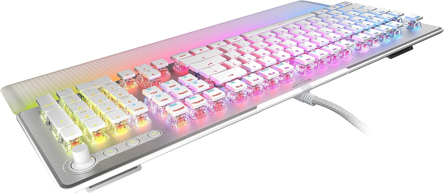 ROCCAT Vulcan II Max – Optical-Mechanical PC Gaming Keyboard with Customizable RGB Illuminated Keys and Palm Rest, Titan II Smooth Linear Switches, Aluminum Plate, 100M Keystroke Durability – White
