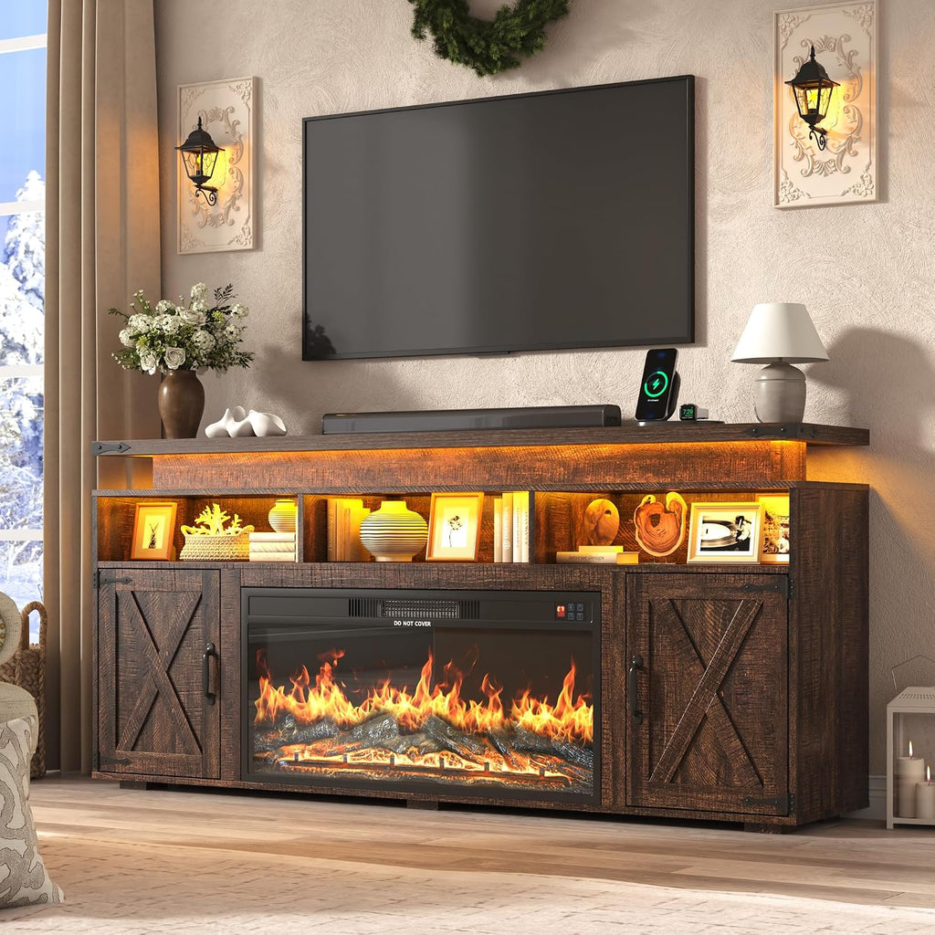 Farmhouse Fireplace TV Stand w/Power Outlet for 75/80 Inch TV, 32' Tall Entertainment Center w/ 36' Electric Fireplace,LED Light, Rustic Media Console w/Sliding Barn Door for Living Room,Rustic Brown
