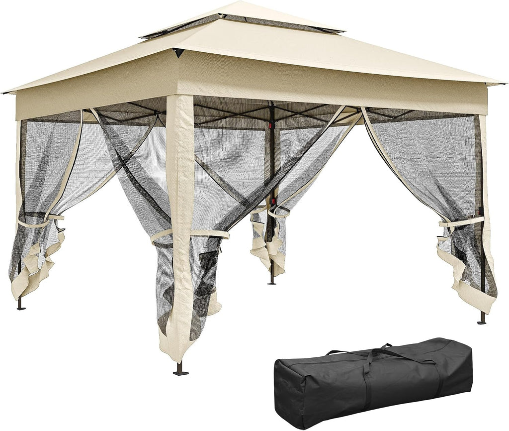Outsunny 11' x 11' Pop Up Canopy, Outdoor Patio Gazebo Shelter with Removable Zipper Netting, Instant Event Tent w/ 114 Square Feet of Shade and Carry Bag for Backyard, Garden, Beige