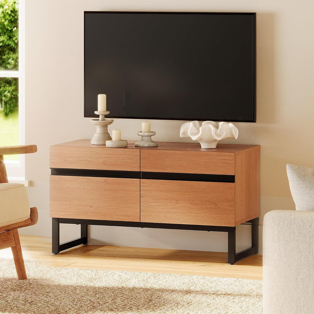 WAMPAT Modern TV Stand for 26-40 Inch TVs, Wood Entertainment Center with Metal Base Storage Cabinets, Media TV Console for Living Room, Mocha, 1Pcs