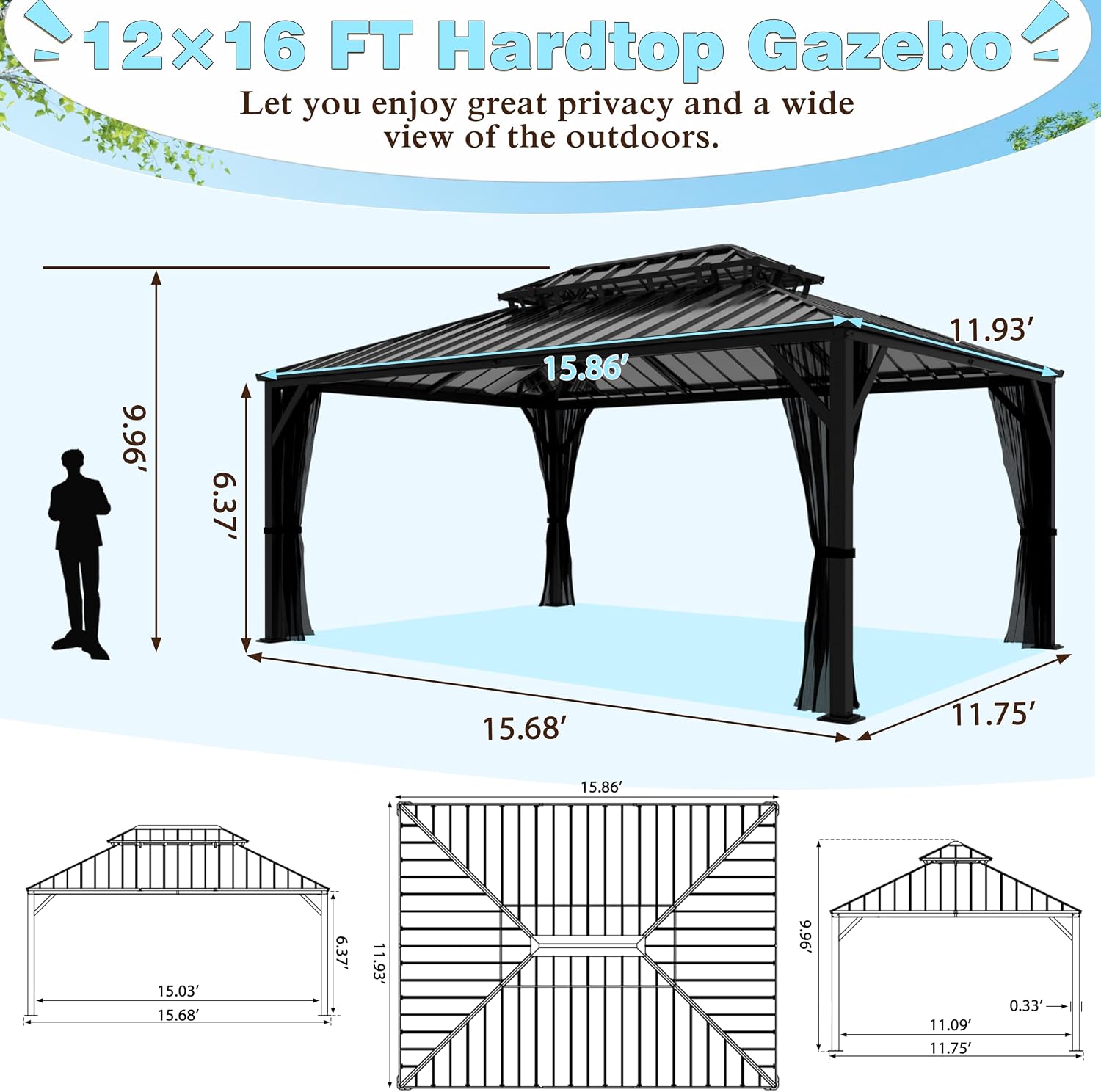 BlueWish 12x16 FT Hardtop Gazebo Canopy with Double Galvanized Steel Roof, Permanent Outdoor Pavilion with Mesh Netting for Patio, Garden, Backyard, Deck, Black