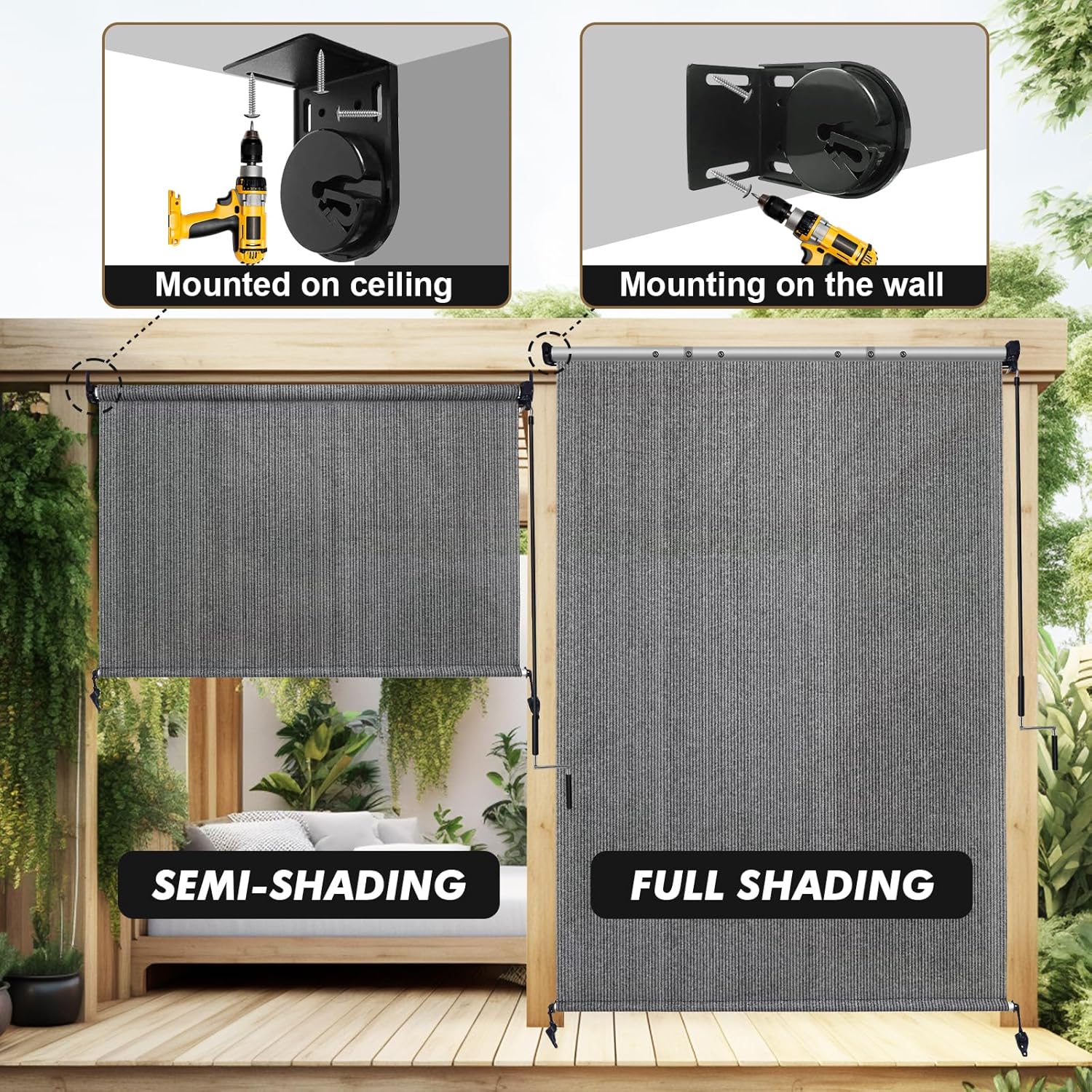 Artpuch Custom Size Outdoor Roller Shade 4' W x 6' H, Cordless Patio Shades Roll Up Outdoor Blinds with 5% Openness Solar Fabric Light Filtering for Porch, Gazebo, Pergola, Grey