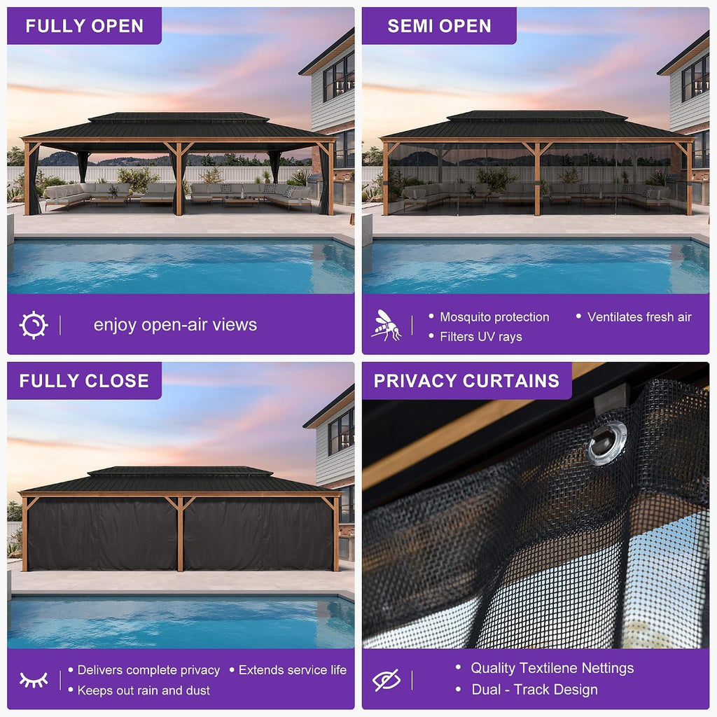 PURPLE LEAF 14' X 24' Outdoor Hardtop Gazebo for Patio Galvanized Steel Double Roof Permanent Canopy Teak Finish Coated Aluminum Frame Pavilion Gazebo with Netting and Black Curtains