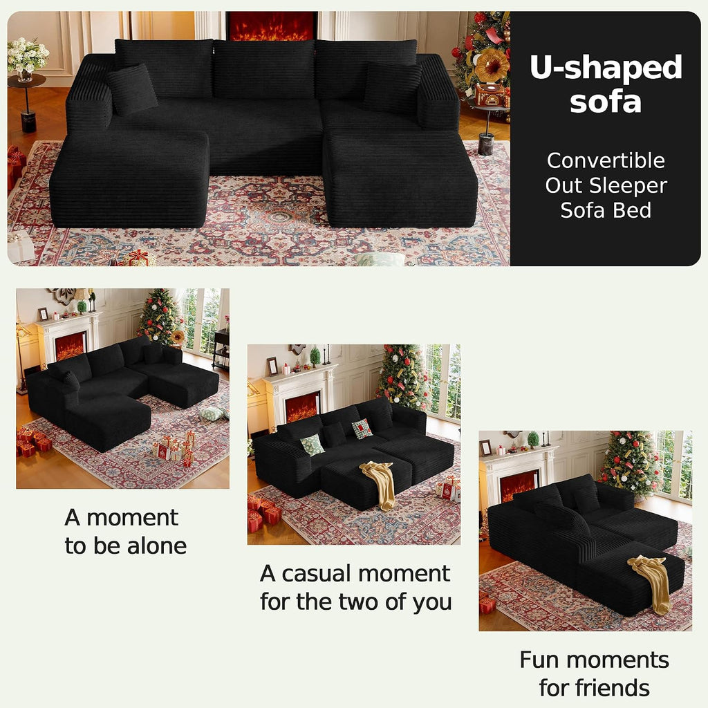 CHORRO107''Sectional Cloud Couch for Livingroom,Modular Corduroy Boneless Couch, U-Shaped Sofa with Chaise and Pillows,4-Deep Seat Sectional Sofa with 2 Ottoman,No Assembly(Black)