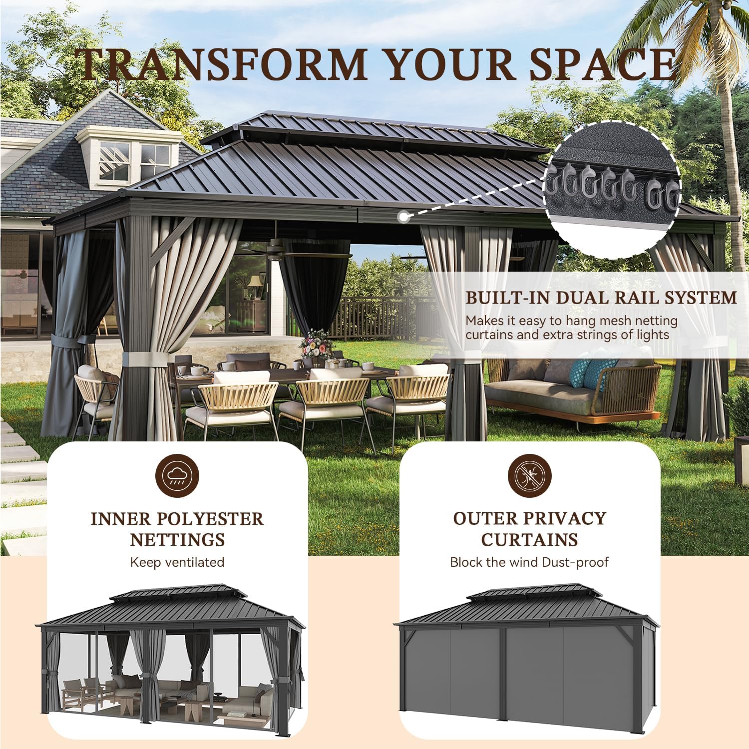 12FT X 20FT Hardtop, Galvanized Steel Dual-Layer Top, Aluminum Metal Gazebo with Netting and Curtains, Permanent Gazebo Pavilion for Party, Outdoor Dining, Wedding