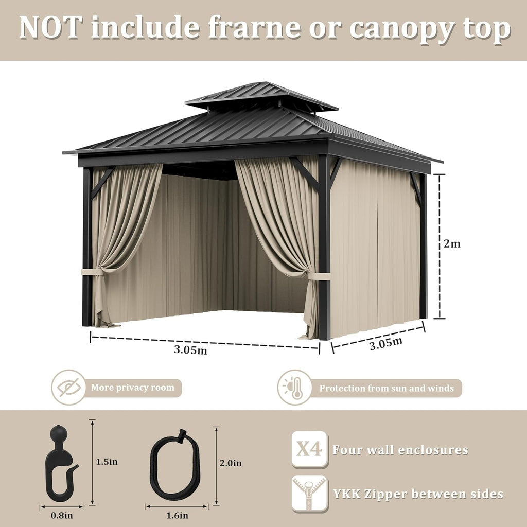 Outdoor Gazebo Curtain Replacement Universal 4-Panel Sidewalls 10' X 10',Outdoor Patio Waterproof Privacy Curtain with Double Zipper for Patio,Garden, and Backyard (Curtain Only)