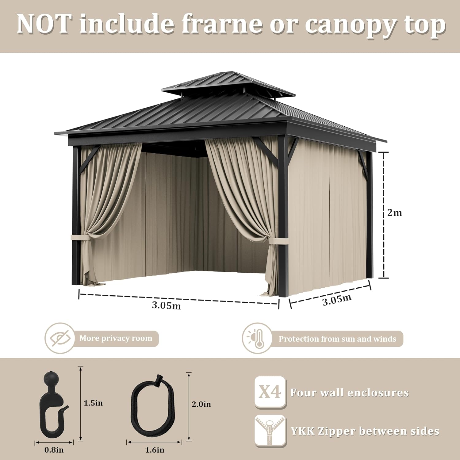 Outdoor Gazebo Curtain Replacement Universal 4-Panel Sidewalls 10' X 10',Outdoor Patio Waterproof Privacy Curtain with Double Zipper for Patio,Garden, and Backyard (Curtain Only)