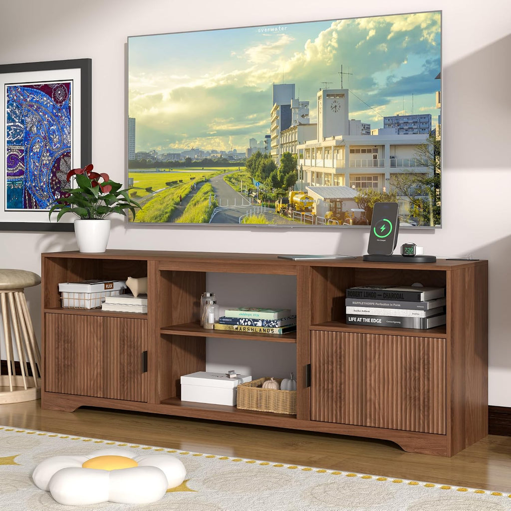 Fluted TV Stand for Tvs up to 80',Mid Century Modern TV Stand with Open Adjustable Shelf,Entertainment Center Wood TV Media Console with Cord Holes for Living Room Furniture Bedroom,Walnut