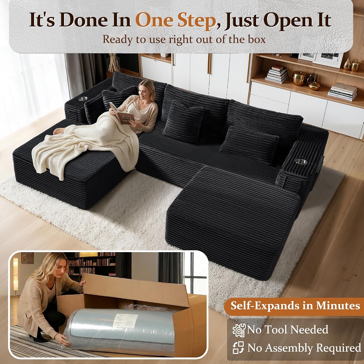 108' Cloud Sectional Couch, Comfort U Shaped Boneless Couch for Living Room, Extra Deep Seats No Assembly, Minimalist Modular Sofa, Corduroy (Black, Right Facing Chaise+2 Seater+Ottoman)