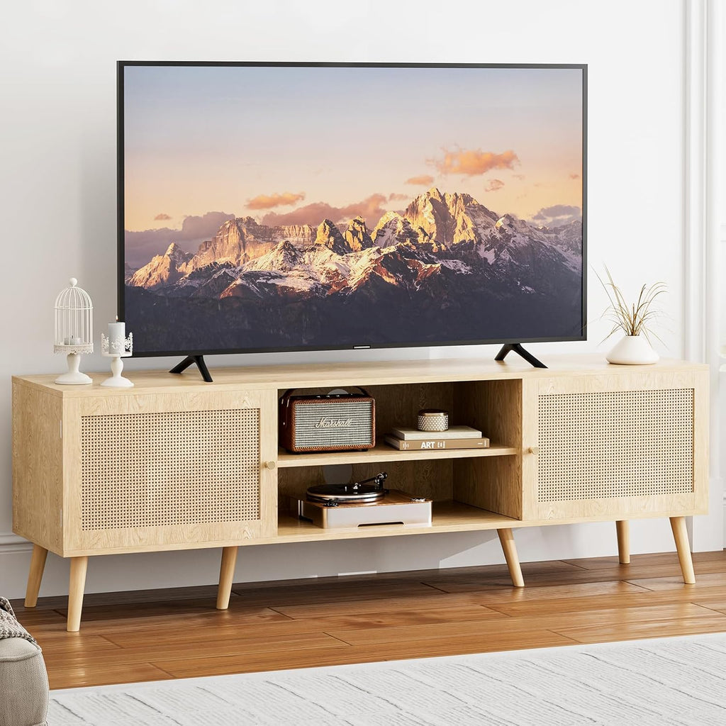 ZttRiee TV Stand for TVs up to 65'', Entertainment Center With Rattan Door, Shelves & 2 Cabinets, Long Boho Media Console for Living Room, Natural
