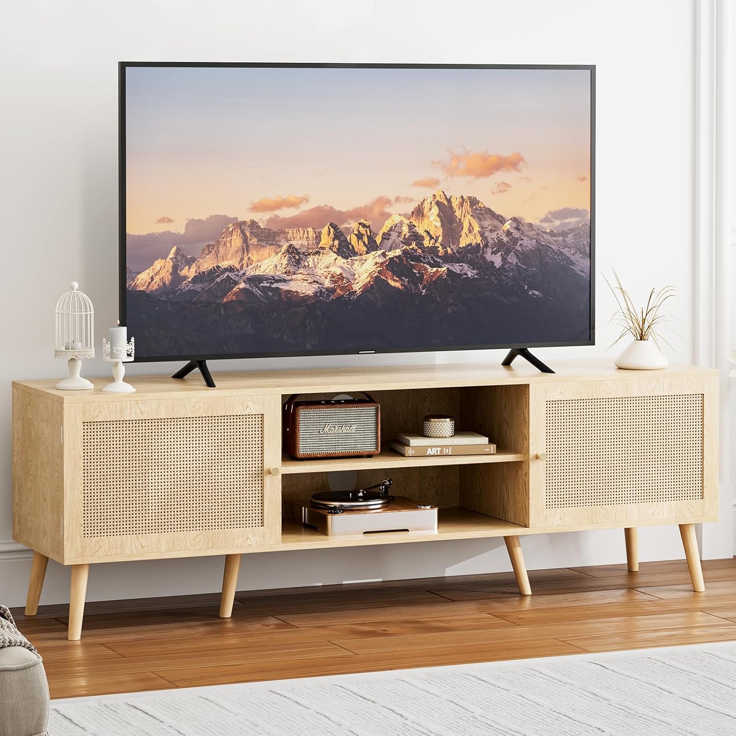 ZttRiee TV Stand for TVs up to 65'', Entertainment Center With Rattan Door, Shelves & 2 Cabinets, Long Boho Media Console for Living Room, Natural