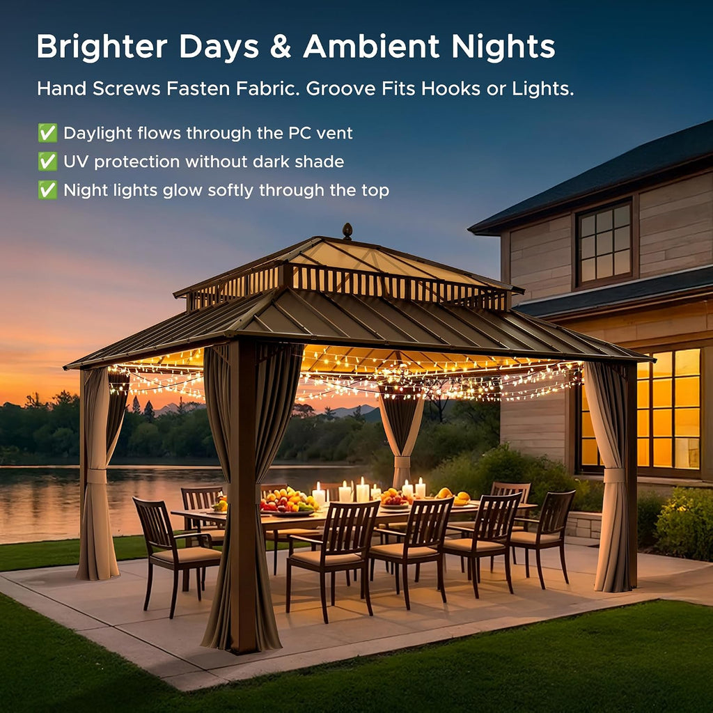 SUNJOY Kingston 14' x 12' Hardtop Gazebo with Galvanized Steel/Polycarbonate Double Roof, Curtain and Netting, Brown Aluminum Posts Permanent Pavilion Gazebo for Garden, Patio, Deck, Lawn